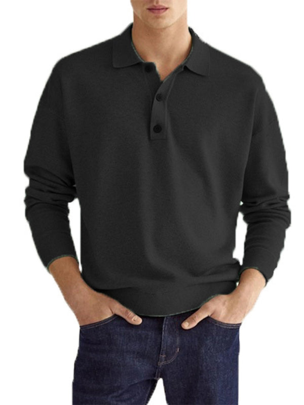 Long Sleeve V Neck Button Men's Casual Top Polo Shirt