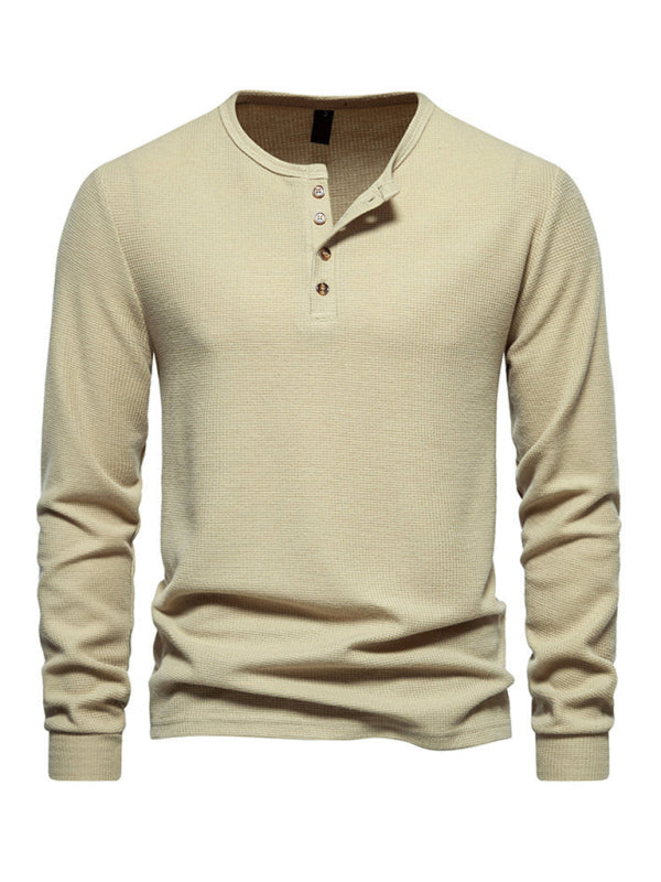 Men's Four Button Waffle Henley Neck Long Sleeve T-Shirt