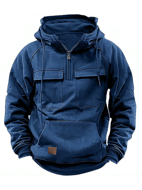 Men's solid color hooded sports multi-pocket sweatshirt jacket