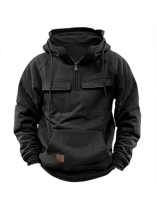 Men's solid color hooded sports multi-pocket sweatshirt jacket