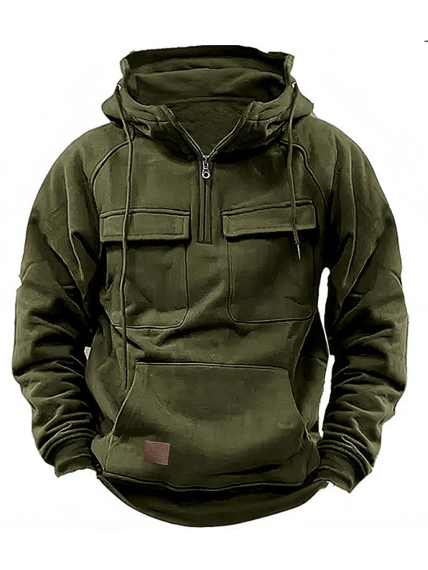 Men's solid color hooded sports multi-pocket sweatshirt jacket