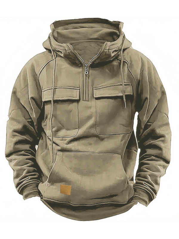 Men's solid color hooded sports multi-pocket sweatshirt jacket