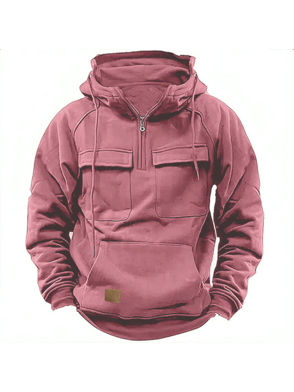 Men's solid color hooded sports multi-pocket sweatshirt jacket