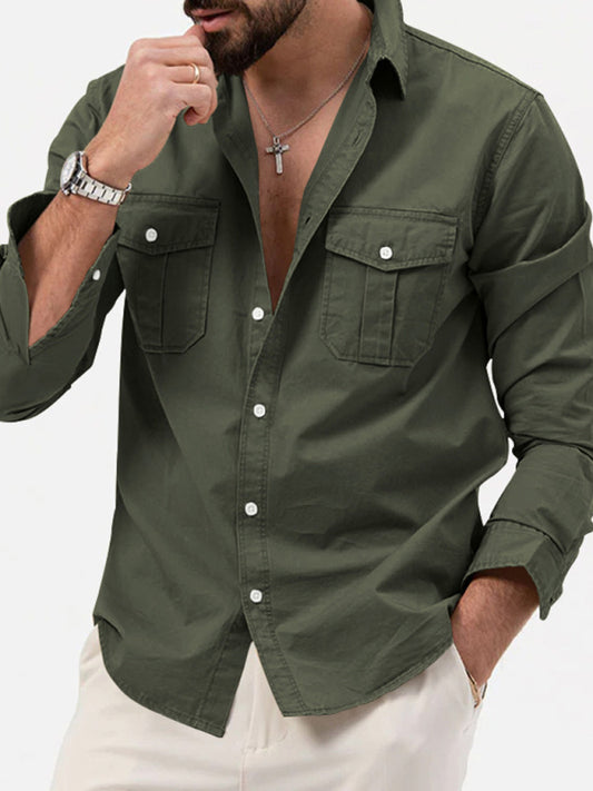 Men's new multi-pocket casual long-sleeved shirt top