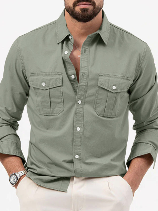 Men's new multi-pocket casual long-sleeved shirt top