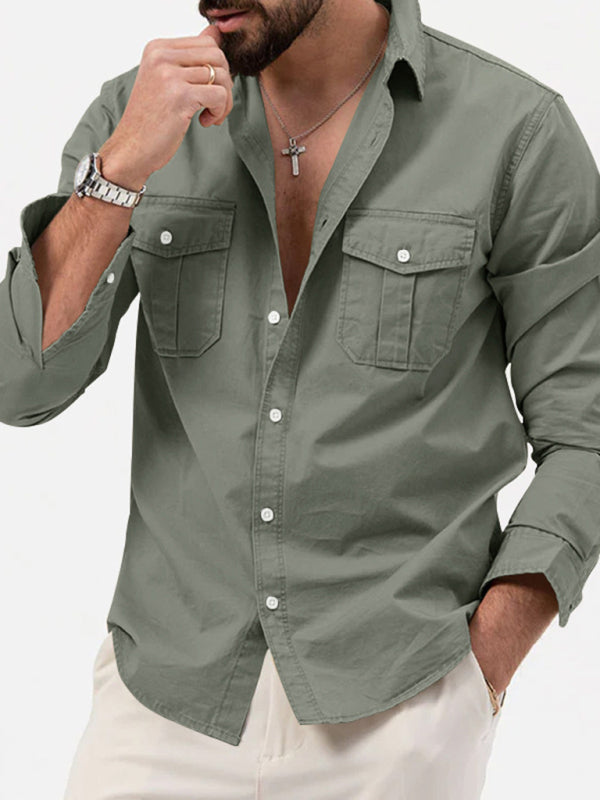 Men's new multi-pocket casual long-sleeved shirt top