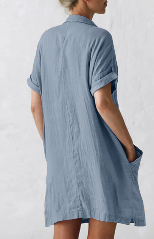 Lapel Button Pocket Short Sleeve Shirt Dress