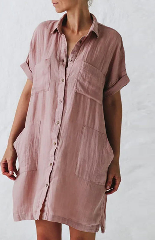 Lapel Button Pocket Short Sleeve Shirt Dress