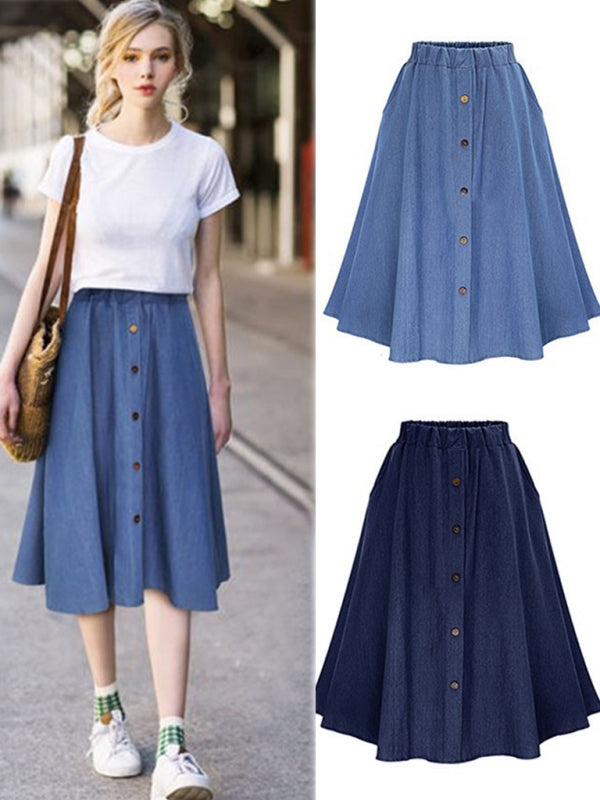 Women's Solid Denim Button-Front Skirt