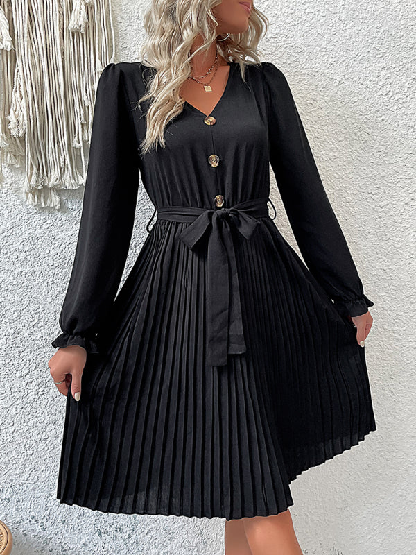 Women's casual long-sleeved pleated dresses