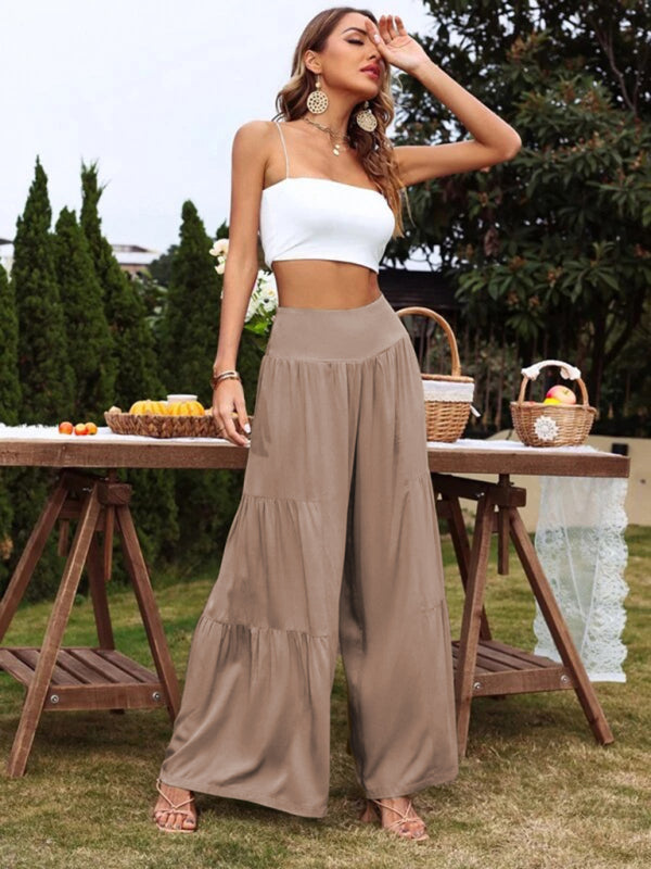 Casual wide-leg cotton and linen high-waist loose trousers for women