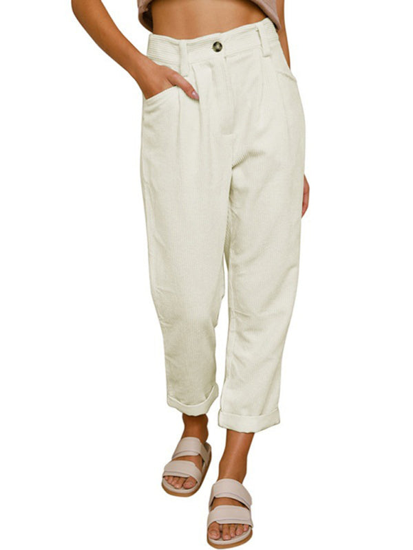 High Waist Lounge Pants Solid Color Corduroy Loose Straight Leg Trousers