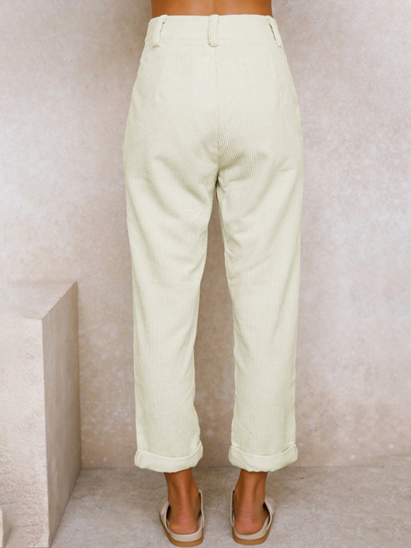 High Waist Lounge Pants Solid Color Corduroy Loose Straight Leg Trousers