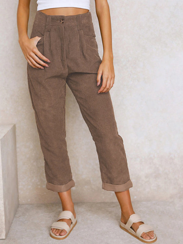 High Waist Lounge Pants Solid Color Corduroy Loose Straight Leg Trousers