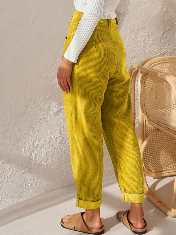 High Waist Lounge Pants Solid Color Corduroy Loose Straight Leg Trousers