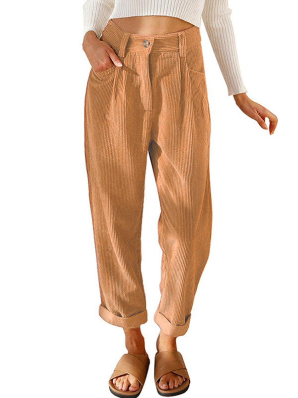 High Waist Lounge Pants Solid Color Corduroy Loose Straight Leg Trousers