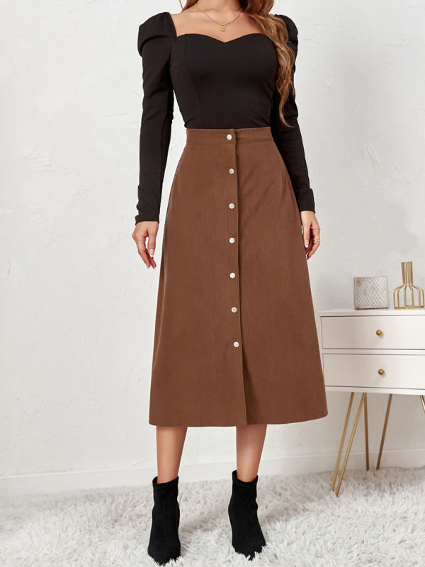 Corduroy Skirt Single Breasted High Waisted Skirt