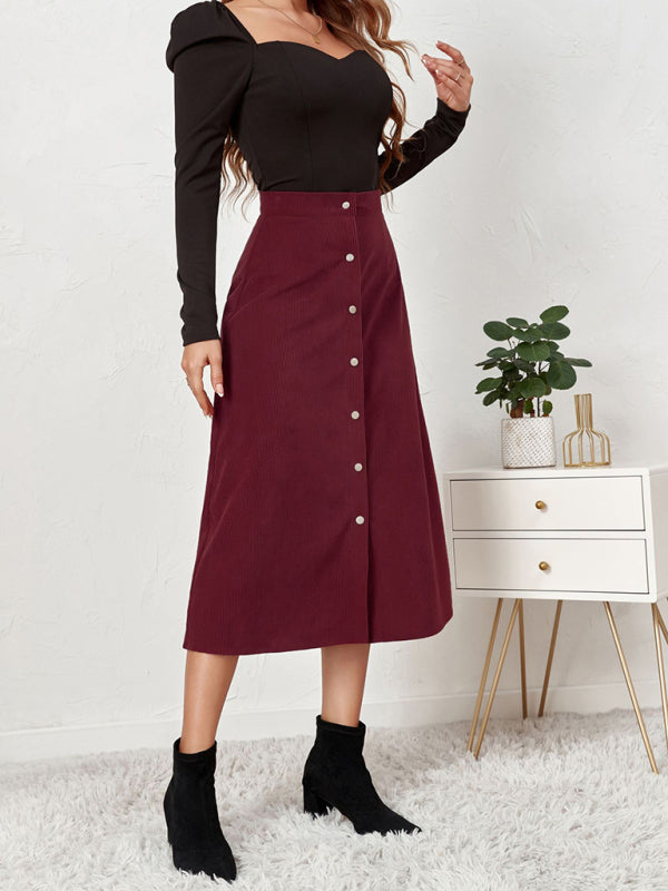 Corduroy Skirt Single Breasted High Waisted Skirt