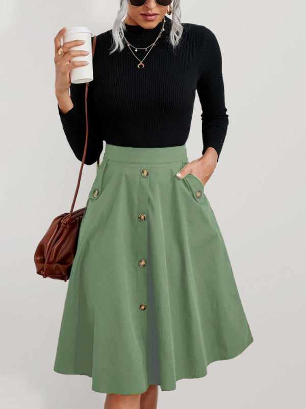 Women's Pocket Button Elegant Midi Skirt