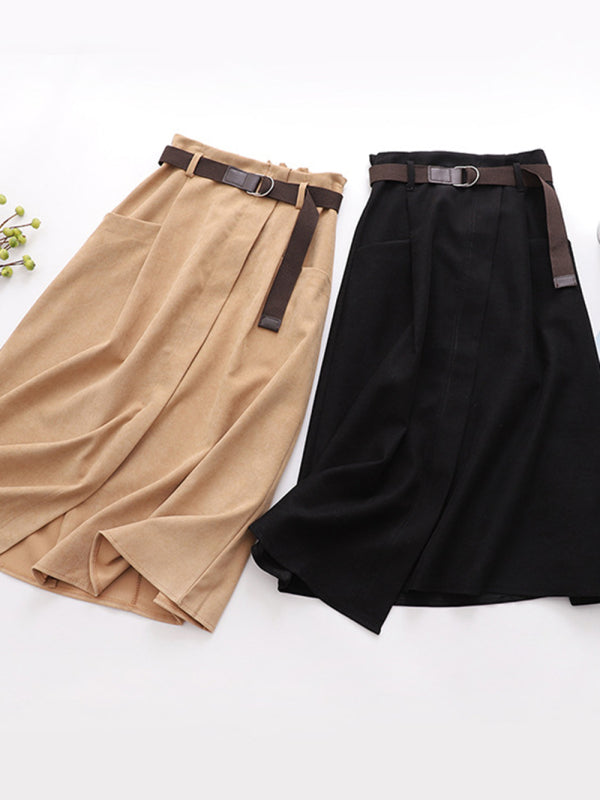 Women's pocket high waist slimming irregular mid length skirt