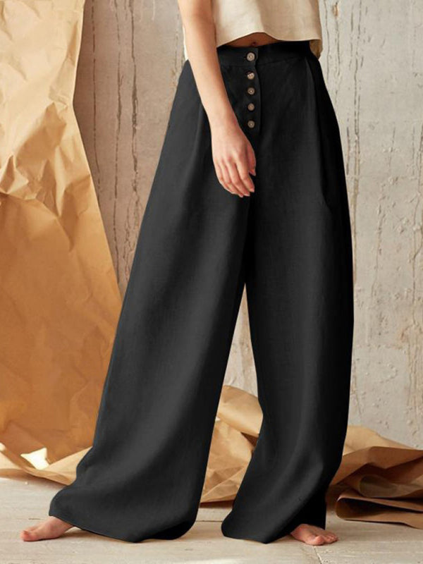 Women's Solid Color Single-breasted Button Casual High Waist Wide Leg Pants