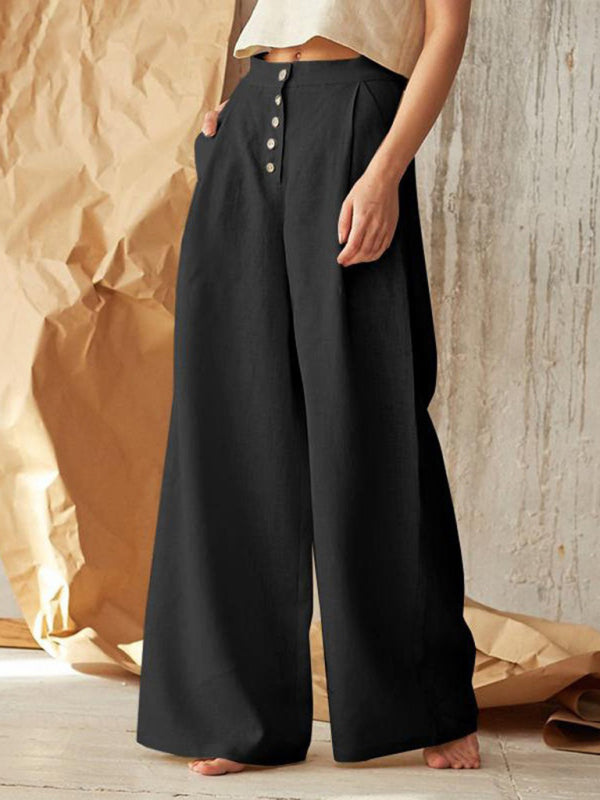 Women's Solid Color Single-breasted Button Casual High Waist Wide Leg Pants