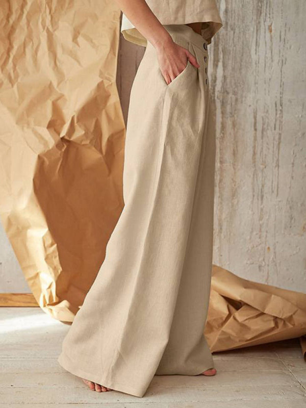 Women's Solid Color Single-breasted Button Casual High Waist Wide Leg Pants