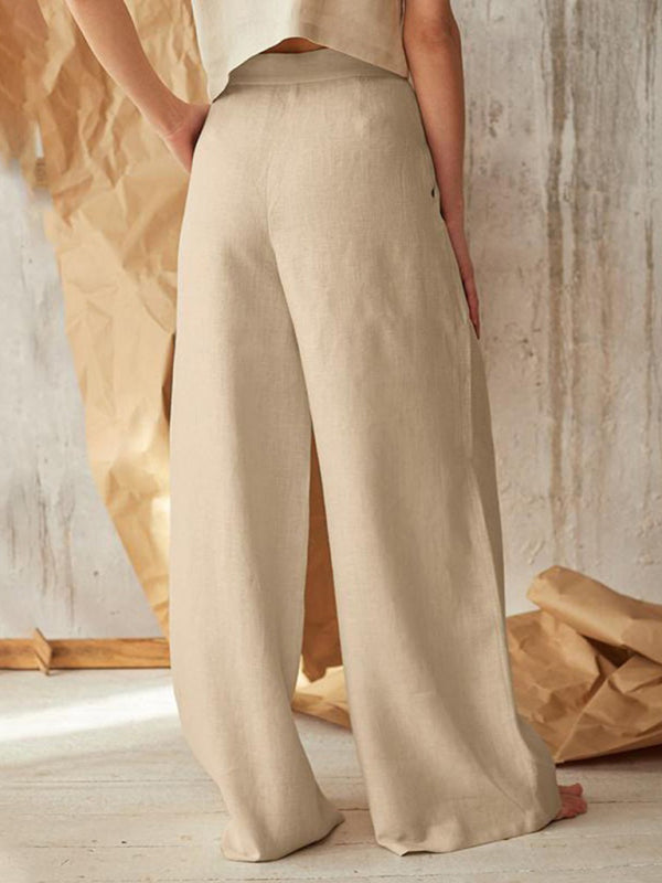 Women's Solid Color Single-breasted Button Casual High Waist Wide Leg Pants