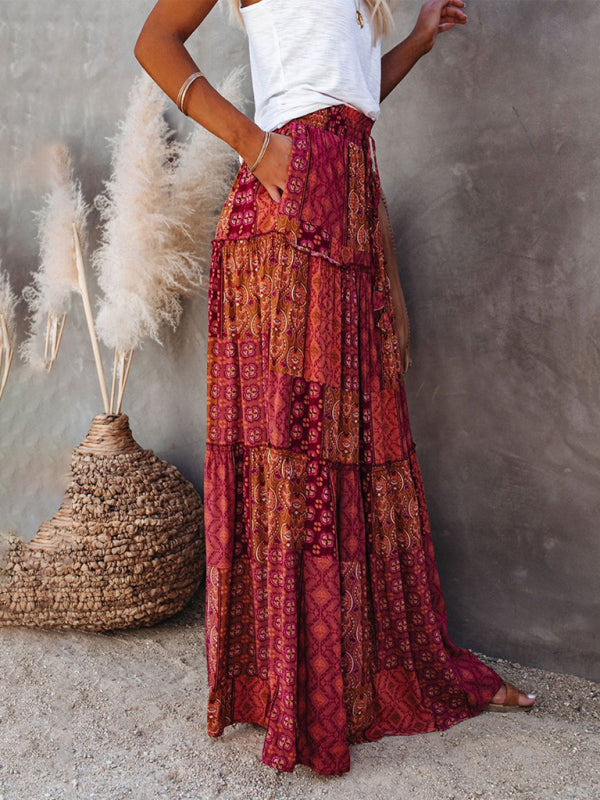 New Bohemian style skirt European and American loose casual high waist long skirt