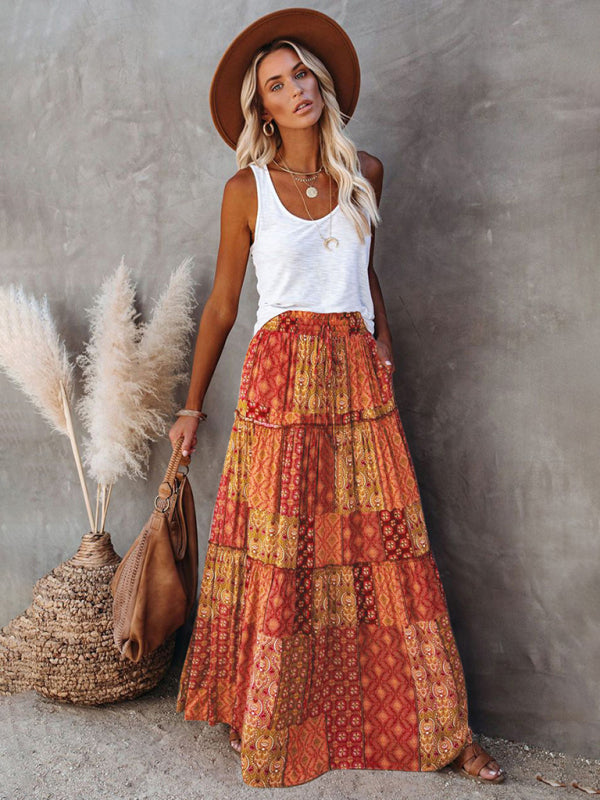 New Bohemian style skirt European and American loose casual high waist long skirt