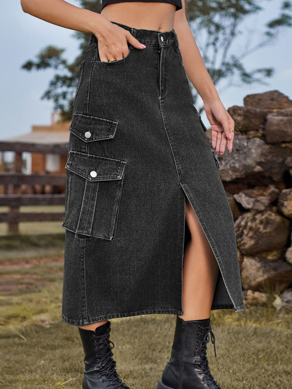 Elastic Waist Denim Cargo Casual Midi Skirt