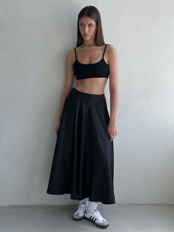 Elegant high-waisted satin satin long skirt