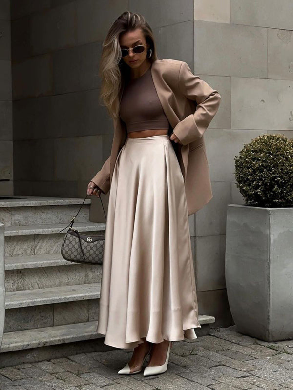 Elegant high-waisted satin satin long skirt