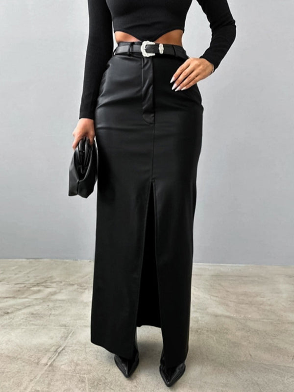 Women's Slit Solid Color High Waist Simple Leather Slim Skirt