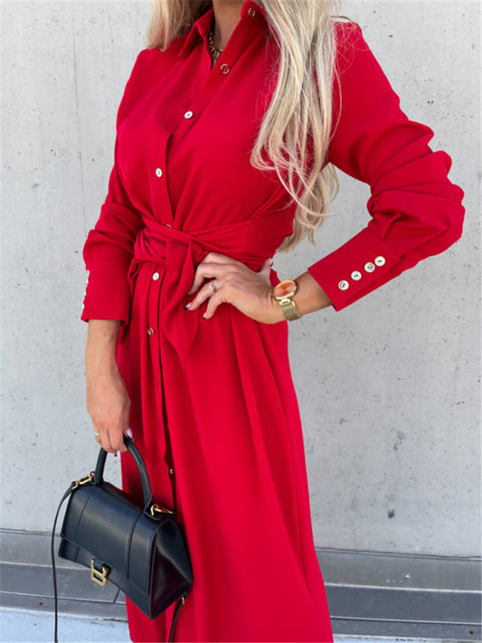 New long skirt solid color cardigan long sleeve dress