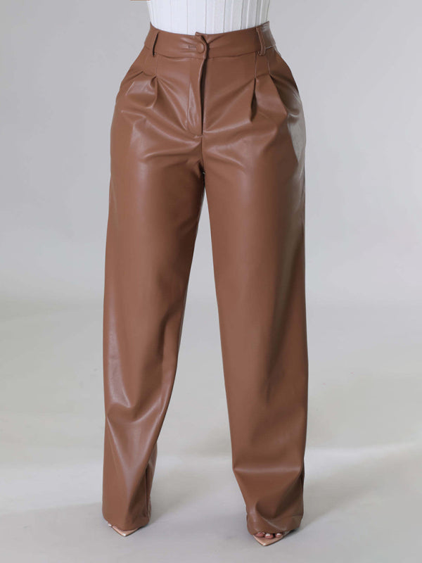 Women's Loose Wide-leg Pocket Casual Leather Pants