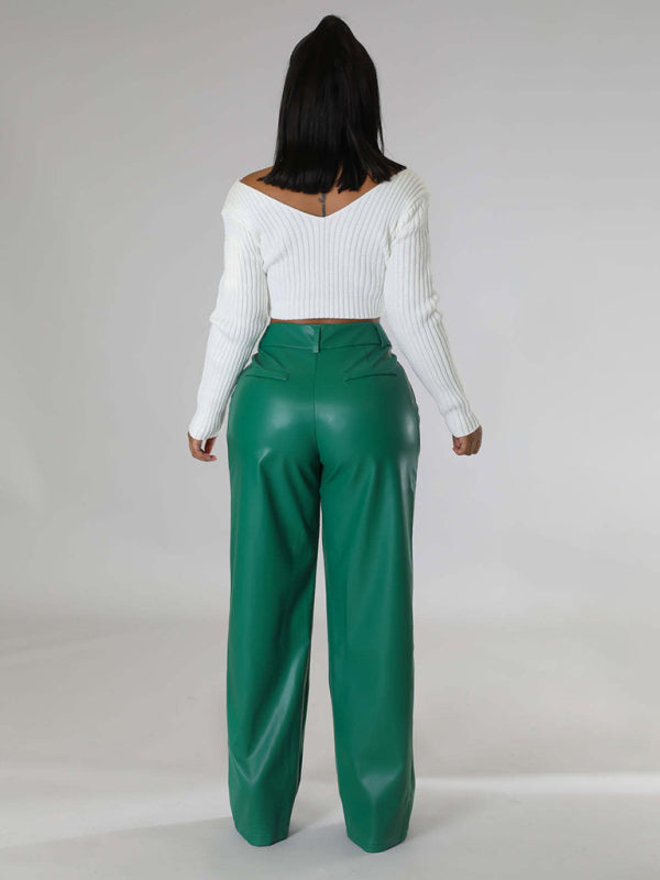 Women's Loose Wide-leg Pocket Casual Leather Pants