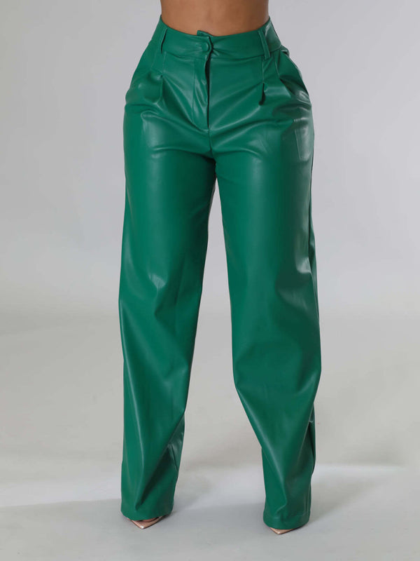 Women's Loose Wide-leg Pocket Casual Leather Pants