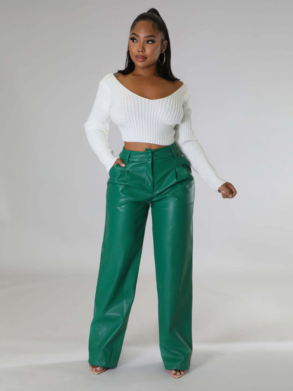 Women's Loose Wide-leg Pocket Casual Leather Pants